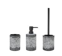 WENKO Set Accessoires Salle de Bain Modèle Anfo | Ensemble 3 pièces céramique Gris | Gobelet à Dents Distributeur de Savon Porte-Brosse WC | Dimensions 10,8 x 37,5 cm | Couleur Gris