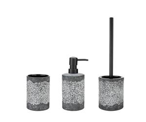 WENKO Set Accessoires Salle de Bain Modèle Anfo | Ensemble 3 pièces céramique Gris | Gobelet à Dents Distributeur de Savon Porte-Brosse WC | Dimensions 10,8 x 37,5 cm | Couleur Gris