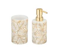 WENKO Set Accessoires Salle de Bain TERRALBA | Distributeur de Savon 490mL, Pot Brosse à Dents | Polyrésine | Blanc/Or Motif