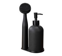 WENKO Set vaisselle 3 pièces avec distributeur rechargeable de 400 ml | en verre, brosse vaisselle en plastique & support en polyrésine pour cuisine, 12,5 x 9 x 25 cm, noir, Mod Piedo