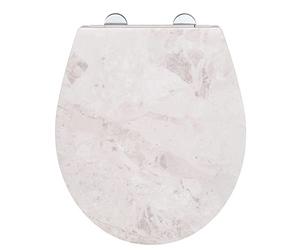 WENKO Siège WC White Marble, siège de toilette solide en duroplast antibactérien à abaissement automatique & fixation hygiénique Fix-Clip en inox, abattant de WC avec surface en relief, 38 x 44,5 cm