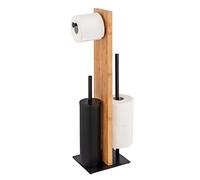 Wenko Stand Lesina en Bambou Et Acier Laqué Noir, Ensemble Combiné, Porte-Rouleau de Papier Toilette Et Rouleau de Rechange, Tête de Brosse WC en Silicone 18 X 69 X 18 Cm, Naturel