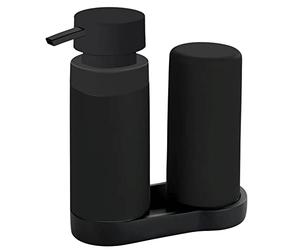 WENKO Station Lavage Easy Squeez-e | Distributeurs Liquide Vaisselle et Savon Silicone Haut de Gamme | Dosage Facile | Anti Fuite | 2x250 ML | 6 x 14cm | 15x18x7cm | Noir