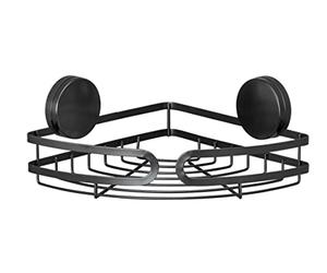 WENKO Tablette de Rangement d'angle Pavia Noire Static-Loc Plus, étagère de Salle de Bain, sans percer, Fixation par adhérence Statique sur Les Surfaces imperméables à l'air, 27x9,8x20cm, Acier Verni