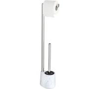 WENKO Stand WC-Porte brosse Adrada | Porte-brosse WC en céramique blanche avec brosse WC silicone | Set WC design élégant en effet marbre | DIM (l x h x p) 13 x 72 x 9,5 cm | Couleur blanche