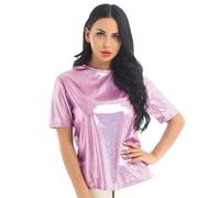 Wenlzhnb Hauts Métallique pour Femmes T-Shirt Ajusté à Manches Courtes MéTalliques Holographiques Chemisier de Soirée à Col Montant Haut Court Scintillant Chemisier T-Shirt Disco Scintillant (M)