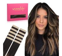 WENNALIFE Extension Cheveux Naturel Adhesive, 65cm 25g 10pcs Extension Adhesive Cheveux Naturel, Extension Cheveux Naturel Remy Invisibles, Balayage noir naturel à marron châtaigne