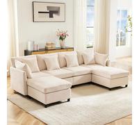 WENNEWU Sofa Moderne en Tissu Chenille avec Pouf Amovible, Sofa d'angle en L, Sofa en U, Sofa Modulaire, Adapté à la Maison, Salon, Appartement, etc.,Beige+Chenille+5 Seat