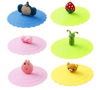 Wenrescry Lot de 6 Couvercles en Silicone 10 cm, silikondecke pour Verres à Boire, Anti-poussière et anti-fuite - Motif dessin animé mignon - Pour café, chope à bière et verre à vin