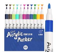 wenrescry Lot de 60 marqueurs acryliques permanents résistants à l'eau - Couleurs vives et pointe fine - Idéal pour peinture sur pierre, toile, bois, verre et projets de bricolage multi-surfaces