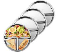 Wensdr Lot de 4 assiettes en acier inoxydable, plateau de contrôle des portions de 22,9 cm avec 3 compartiments, assiettes à dîner incassables, plateau alimentaire divisé en acier inoxydable pour