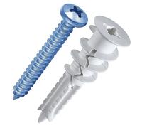 Wensilon Lot de 200 chevilles auto-perceuses en plastique #8 pour cloison sèche avec vis, 100 ancrages muraux et 100 vis pour cloison sèche, suspension et montage de 34 kg, décolleté de bande en