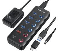 Wenter Hub USB 3.0 avec alimentation, répartiteur de hub USB à 6 ports (4 ports de transfert de données plus rapides + 2 ports de charge de contrôle de qualité de 36 W) avec interrupteurs LED