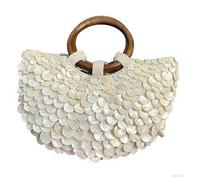 Wenxishangmao Sac fourre-tout d'été, sac à main en coquillage perlé pour femme, avec poignée en bois, pour la plage, les mariages, les vacances, Un seul côté, small size