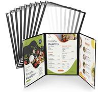 WenYa Lot de 10 couvertures de menu A4 - 3 pages - 6 vues (triple pliage) - Style café - Bordure noire transparente - Avec protections d'angle en métal - Convient pour le papier de format A4 pour