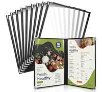 WenYa Lot de 10 couvertures de menu A4 à double pliage, 2 pages 4 vues de style américain, bordure noire, couverture pliable pour menu de vin avec protections d'angle en acier inoxydable pour