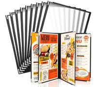 WenYa Lot de 10 couvertures de menu A5, 4 pages, 8 vues de style café, bordure noire, couverture transparente pour menu du vin avec protections d'angle métalliques, compatible avec papier de format A5