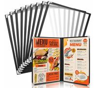 WenYa Lot de 10 couvertures de menu A5 transparentes avec bordure noire et coins métalliques, porte-menus de restaurant en plastique imperméable pour cafés, pubs et usage domestique - 2 pages (4 vues)