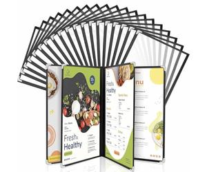 WenYa Lot de 20 couvertures de menu A4, 4 pages, 8 vues de style café, bordure noire, couverture transparente pour menu du vin avec protections d'angle en métal, compatible avec du papier format A4