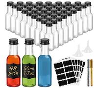 WenYa Lot de 48 mini bouteilles de liqueur vides en plastique avec couvercles (bouchons à vis noirs), réutilisables avec entonnoir pour étiquettes et entonnoir pour mariages, fêtes de 50 ml