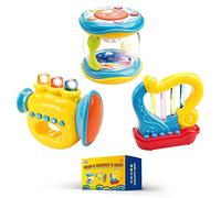 WEofferwhatYOUwant Instruments Musicaux Bébé - Ensemble Trompette Tambour Harpe - Sons & Berceuses - Lumières LED - Jouet Éducatif Interactif Portable 6 Mois+ - Piles Incluses