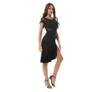 WEOKDFHA Vêtements De Danse Latine Femmes Robe de Danse de Salon Latine Dentelle Professionnelle Patchwork côtés Robes de balançoire Fendues irrégulière Tango Chacha vêtements de Danse(A-Black,S)