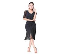 WEOKDFHA Vêtements De Danse Latine Robe de Danse Latine Noire à Manches Courtes Gland de Danse Latine Robe Une pièce for Femmes Femme Tango de Salle de Bal Cha Cha Rumba Costumes(Black,XL)