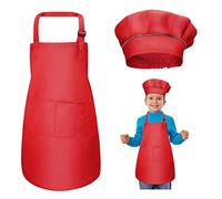 WEONE Tablier Enfant et Chapeau de Chef Set, Réglables Tabliers de Cuisine avec 2 Poches pour Filles Garçons, Bambin Tablier de Chef de Jardin pour Cuisson Peinture l'artisanat (7-13 Ans) (Rouge)