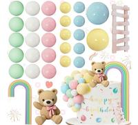 Weploda 30 Pièces Decoration Gateau Ours, Mignon Cake Topper Marron, Décoration Pour Gâteau Ours Peluche, Avec Arc En Ciel En 3D Un Ours Rose Avec Un Nœud Papillon, Une Échelle Et Des Balles Colorées