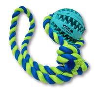 WEPO Jouet pour chien avec corde turquoise Ø 7 cm - Balle de soins dentaires pour chien - Jouet à tirer pour chien pour l'extérieur et l'intérieur - Avec fonction friandise - Tricot bleu/vert