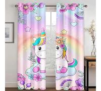 WEQEER Rideaux opaques - Rideau occultant - Motif licorne - Dessin animé - Cheval rose - Rideau de fenêtre pour chambre d'enfant - Motif arc-en-ciel - Nuages - 4,280 x 180 cm (2 x 140 x 180 cm)
