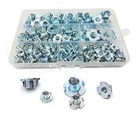 WeqeYent Lot de 115 écrous en T à quatre dents M4/M5/M6/M8/M10 - Écrous à griffes en métal à 4 griffes filetées - Écrous en T en acier au carbone plaqué zinc pour meubles de travail du bois