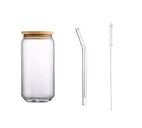 WEQYFDC Creative Glass Cup Bamboo Lid Can Shape Tea Juice Milk Coffee Mug Drinking High Borosilicate sturdy Drinkware(350ml Lid straw)