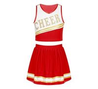 WEQYFDC Uniforme de pom-pom girl for enfants filles, vêtements de danse de joie, sans manches, décolleté en V, lettre imprimée, haut court avec jupe à ceinture élastique(Red,8)