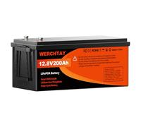 WERCHTAY Batterie LiFePO4 12 V 200 Ah - Rechargeable - 12 V - Avec BMS 200 A et protection basse température - Cycle profond 18000 - 2560 Wh - Pour camping-car, voiturette de golf, hors grid, panneau