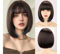 WERD Perruque courte marron avec frange de cheveux synthétiques pour femme avec mèches marron et bleu mélangées pour cosplay, fête, quotidien, Halloween