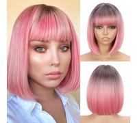 WERD Perruque courte rose pour femme - Perruque synthétique raide avec frange - Pour un usage quotidien, une fête, un cosplay
