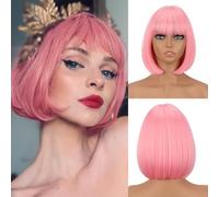 WERD Perruque courte rose vif avec frange pour femme - Cheveux synthétiques raides - Pour un usage quotidien, une fête, un cosplay