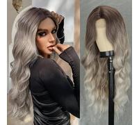WERD Perruque longue grise pour femme - Cheveux bouclés blonds et gris - Raie au milieu - Perruque synthétique avec dentelle - Pour un usage quotidien, cosplay, fête