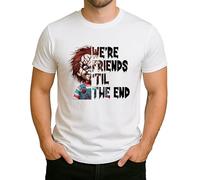 We're Friends 'Til The End - Design horreur effrayant avec poupée tueuse au look rétro, parfait pour Halloween et les fans de films slashers emblématiques, Homme, blanc, L