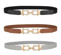 WERFORU Ceinture élastique fine pour femme pour robes, ceinture fine rétro stretch avec boucle dorée, Noir F + marron + gris, Länge 60cm(für Taille Größe 60-70cm)