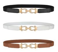 WERFORU Ceinture élastique fine pour femme pour robes, ceinture fine rétro stretch avec boucle dorée, D-noir + marron + blanc, Länge 60cm(für Taille Größe 60-70cm)