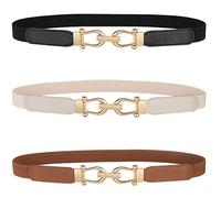 WERFORU Ceinture élastique fine pour femme pour robes, ceinture fine rétro stretch avec boucle dorée, C-noir + marron + beige, Länge 60cm(für Taille Größe 60-70cm)