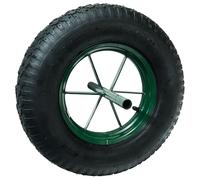WERKA PRO Roue gonflable 15 pouces 385x95 mm avec axe de 20 mm, idéale pour brouettes de jardin, jante en métal verte et pneu noir, parfaite pour tous vos projets de bricolage.