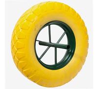 WERKA PRO Roue increvable pour brouette de jardin, performance tout-terrain, jante en métal robuste, dimensions 15'' (385 mm) x 95 mm, axe de 20 mm, couleur jaune et verte.