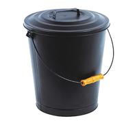 WERKA PRO Seau à cendre en métal avec couvercle, poignée en bois pour un transport facile, capacité de 26 litres, design élégant et robuste, dimensions 34 cm x 25 cm x 38 cm, couleur noire.