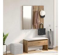 WERNBUPS Ensemble de meubles de couloir en chêne Artisan avec banc, tiroir, crochet et miroir, siège multifonction avec espace de rangement pour chaussures et décoration, max. 110