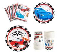 WERNNSAI Articles de Fête pour Voiture de Course pour Garçons - Sert 16 Invités Kit de Vaisselle de Fête Jetable Comprend Papier Assiettes à Gâteaux Dessert Dîner Déjeuner Serviettes Gobelets