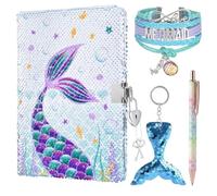 WERNNSAI Cahier à Paillettes - Journal De Sirène Cahiers et Bloc-notes A5 Mémo Carnets et Journaux Cadeaux pour Enfants Cahier de Notes Stylos à bille Bracelet Porte-clés avec Cadenas et clés