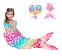 WERNNSAI Couverture Queue de Sirène - Molleton Mermaid Couverture avec Bracelet en Épingle à Cheveux à Sequins pour Enfants Filles Adultes Arc en Ciel Cadeau d'anniversaire 140 x 60cm